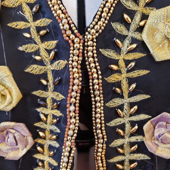 Indian Inspired Black Rayon 2-PC Set Foral Embroidered Jacket & Skirt SZ 20 - Picture 5 of 16